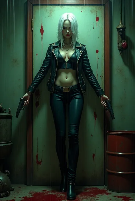 A stunning, anatomically correct, 4K-resolution masterpiece featuring a woman with pale skin and white hair standing against a blood-splattered door in a dimly lit, grungy room. She is wearing a black leather jacket, a revealing top, and dark pants, showca...