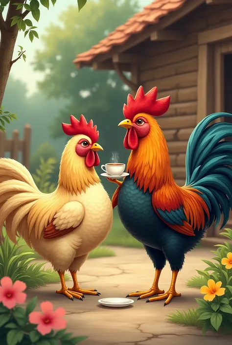 The hen giving the tea to the rooster
