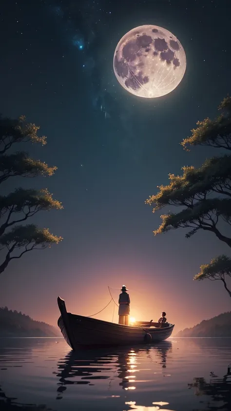 Viral anime full moon wallpaper in 4K quality, in the style of Hayao Miyazaki, depicting a serene lakeside scene at night, with the full moon high in the sky, its light reflecting on the calm water; fireflies dance above the surface, and a small rowboat is...