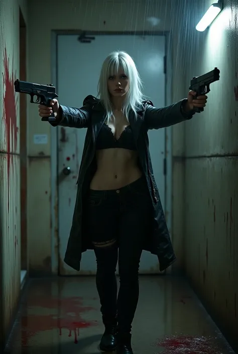 Dark, gritty, and dramatic image featuring a woman with pale skin and white hair standing in front of a blood-splattered door. She is wearing a black leather jacket, a revealing top, and dark pants. The woman is holding two guns, one in each hand, with her...