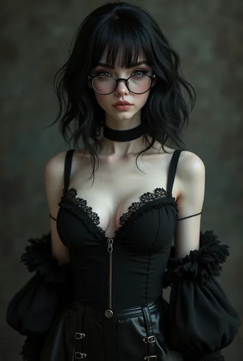 Gothic girl with glasses, big breasts and short in stature without anything with piercing , even more decollete 
