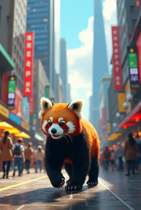 Urban Ginger Panda: A ginger panda strolling through a busy city street, with tall buildings and bustling crowds in the background.