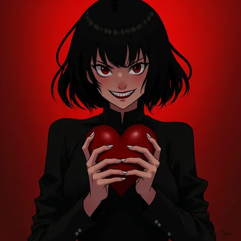 Nanno from girl from nowhere with asian mop top hair cut red background with evil smile dark aesthetic holding heart on her both hands wearing a white shirt in anime version 