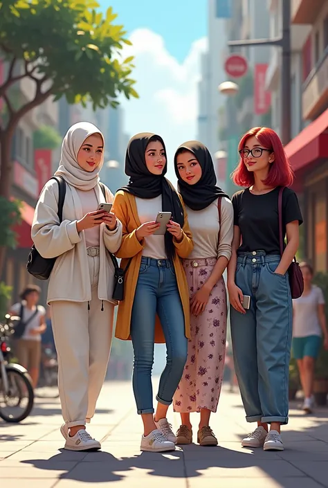 1 girl with white hijab, wear full white and samba shoes, 150cm, using iphone 13 silver, bring charles and keith wallet bag . 1 another girl with black hijab , wear cardigan and tshirt inside, wear crocs, 150 cm , and wear jeans. 1 another girl with black ...