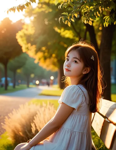 cinematic still {close up face, (adolescence girl), small smile, At the end of summer, in the twilight, autumn insects quietly chirp in the bushes of the park. The sky is painted orange, and as the sun sets, a cool breeze begins to blow. The setting sun’s ...