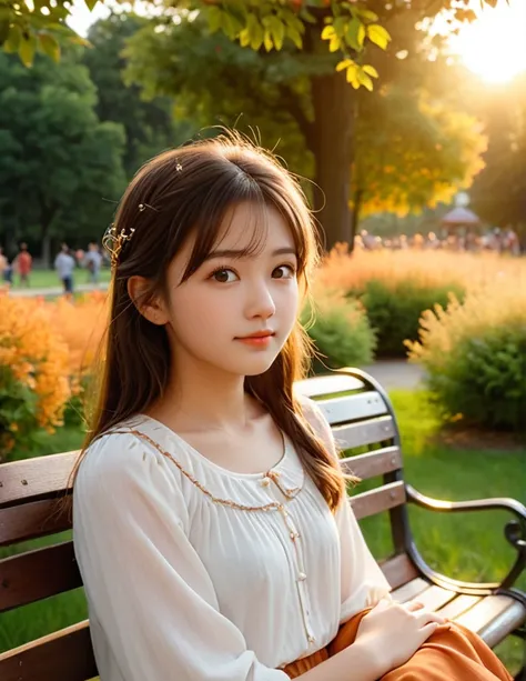 cinematic still {close up face, (adolescence girl), small smile, At the end of summer, in the twilight, autumn insects quietly chirp in the bushes of the park. The sky is painted orange, and as the sun sets, a cool breeze begins to blow. The setting sun’s ...