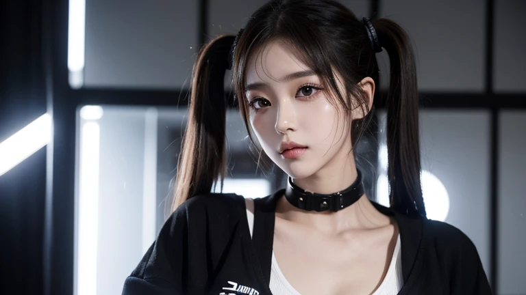 k-popアイドル、She has a single point of makeup on her face.、Black and white themed clothing、Cyberpunk feel、Beauty、The whole body is reflected、Getting in the rhythm、Brown Hair、Twin tails、clothes are shining