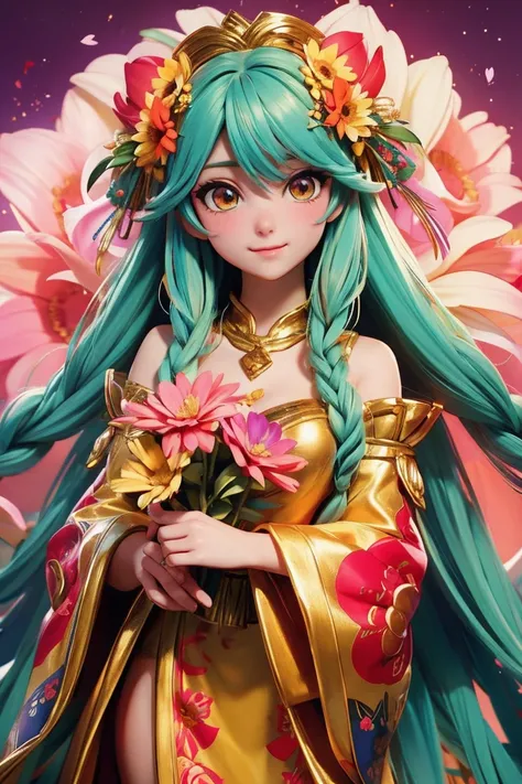 (masterpiece, best quality), a cute girl anime character, long hair, colorful hair, mythology, traditional fancy dress, high detailed, holding big blooming flower, fantasy mood and tone background