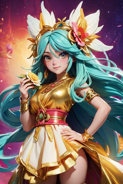 (masterpiece, best quality), a cute girl anime character, long hair, colorful hair, mythology, traditional fancy dress, high detailed, holding big blooming flower, fantasy mood and tone background