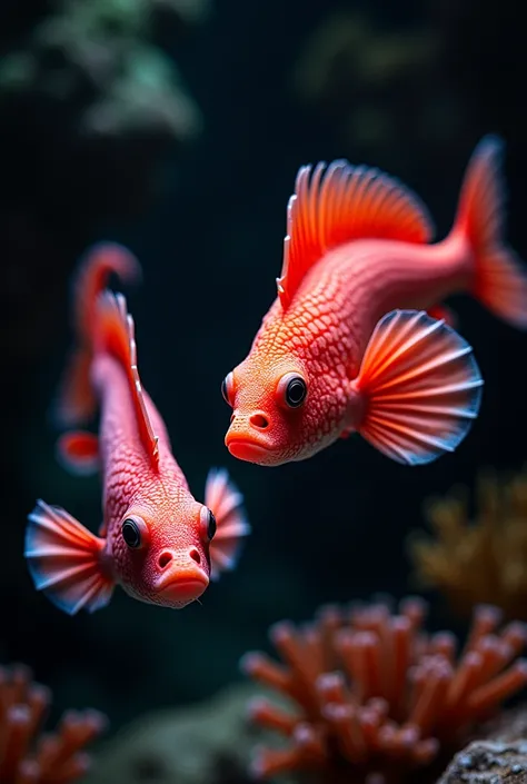 The body of the red dragon fish is cylindrical，Pink or dark red，The scales are large，The gill cover is bright red。The two red dragon fish are native to Malaysia.、Singapore and Indonesia，Two red dragon fish swimming in the deep sea forming a heart shape，Giv...