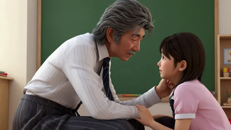 A woman in her fifties with a hairy backside sitting on a mans lap, hyperRealistic school girl, Realistic school girl, a hyperRealistic school girl, 3D Animation realistic, , ( ( 3D Rendering ) ), 3D Animation, 3D Animation, 3D Animation girl, Anime girl c...