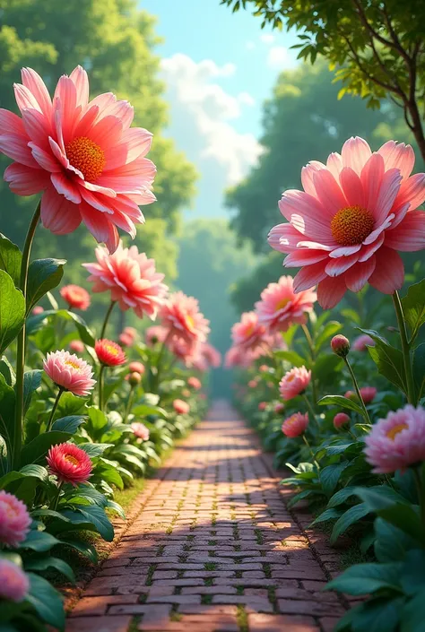 A beautiful garden with many kind huge flowers and bricks for walking tracks aesthetic