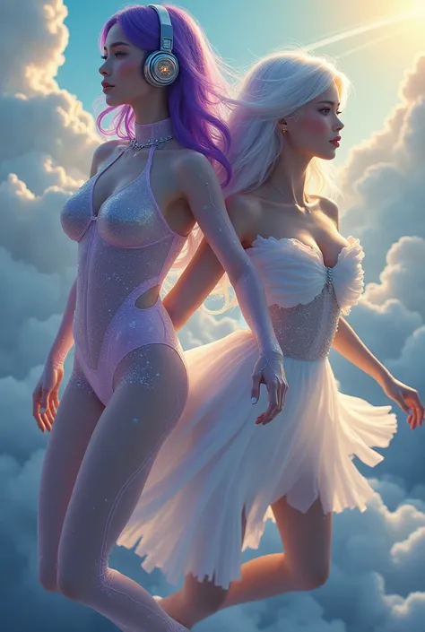 Korean purple hair butterfly woman with headphone wearing transparent galaxy outfit and white hair white woman wearing venus dress both flying over planet saturn 🪐 perfect face friends