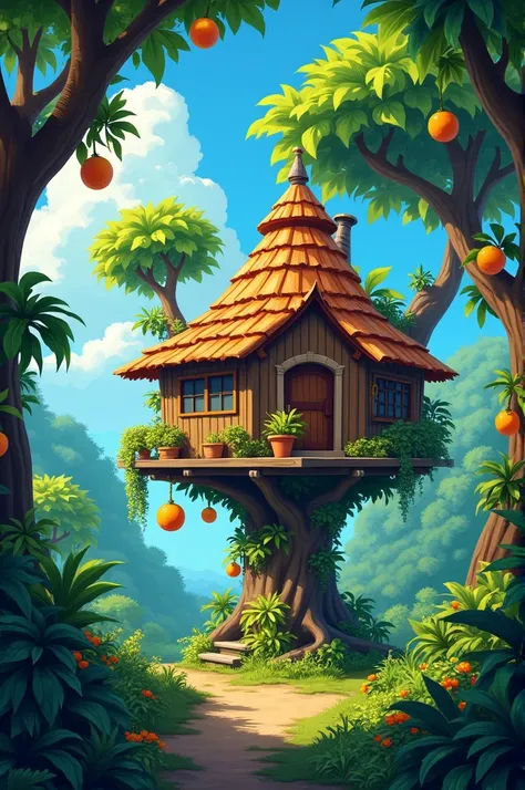 Drawing of a tropical forest with foliage, Trees, tangerines, blue sky, cabin shaped tree house, playful and .