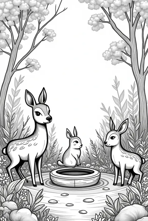 forest with a well in the middle. Deer and rabbits on the side along with various plants. Simple line, black and white, without shadow, white background for coloring. Coloring book