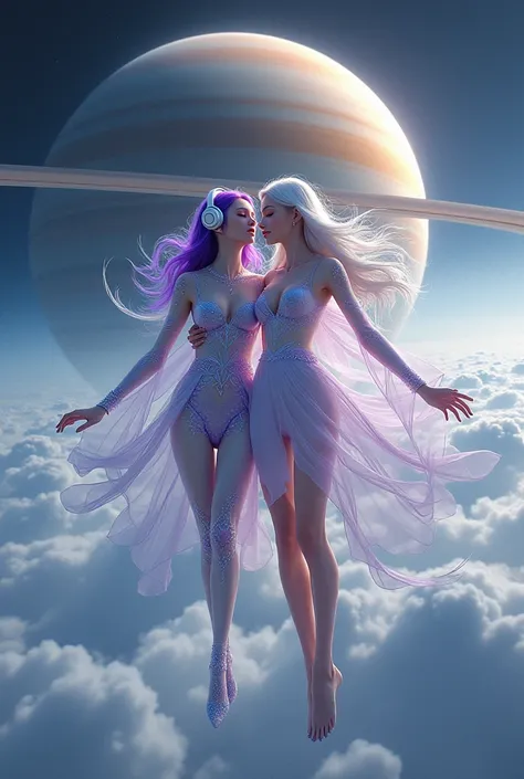 Korean purple hair butterfly woman with headphone wearing transparent galaxy outfit and white hair white woman wearing venus dress both flying over planet saturn 🪐 perfect face friends