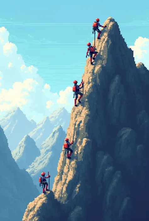 A pixel art style image of a tall, steep mountain, with several people climbing it. People are represented in small sizes and with simplified details., wearing climbing equipment such as helmets and ropes. Some are closer to the base of the mountain, while...