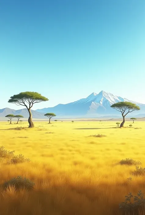 A spacious savannah with golden grass, with rare trees and distant mountains on the horizon under a clear blue sky.
