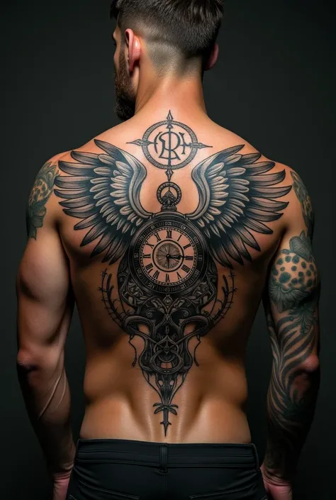 Wing’s tatoo with clock and rune words for man