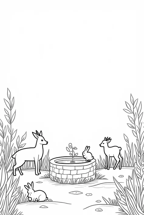 forest with a well in the middle. Deer and rabbits on the side along with various plants. Simple line, black and white, without shadow, white background for coloring. Coloring book.WHITE BACKGROUND