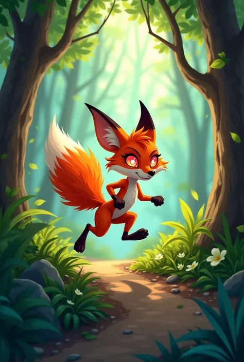 Make a cartoon of a fox running with red eyes 