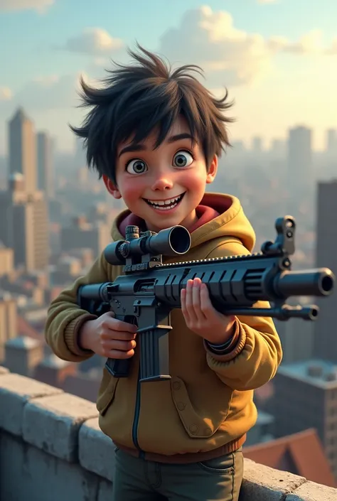 Happy boy with a sniper on a roof top woth a grenade 
