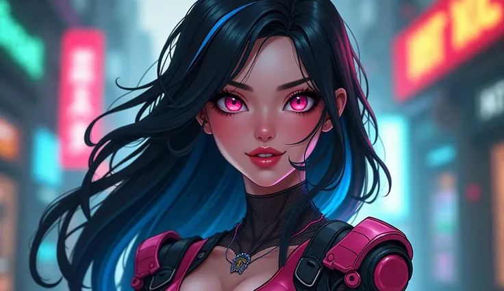 Young woman, in her twenties, black hair, blue on the inside back of hair, pink eyes, bold mechanical clothing, lush body, tall height, winning smile , videogame style, Light skin