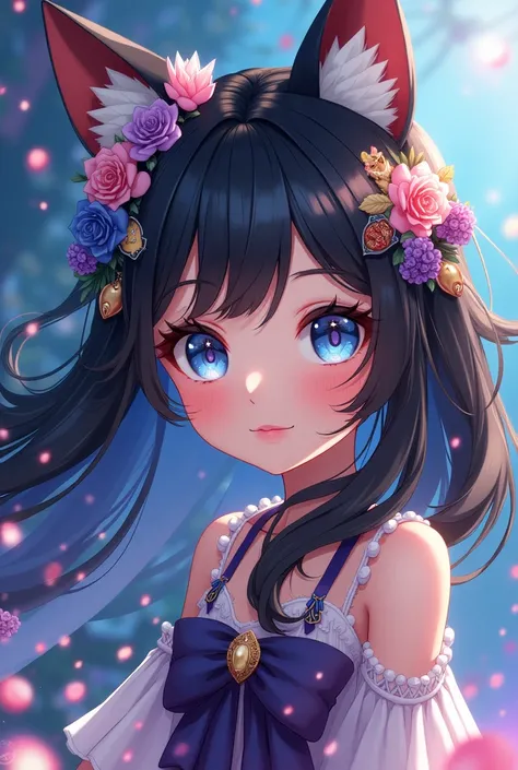 gacha girl, black hair, brown skin, blue eyes and white eyes, and accessories on her head.