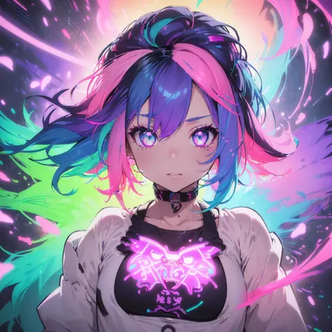 A brightly colored cat-eared anime girl with headphones((Upturned eyes:1.3、Perfect Eyes、Beautifully detailed eyes、Ultra-detailed iridescent deep blue purple eyes:1.1、Gradient eyes:1、Beautiful eyes with fine details:1、Symmetrical eyes:1、Big eye highlights:1...