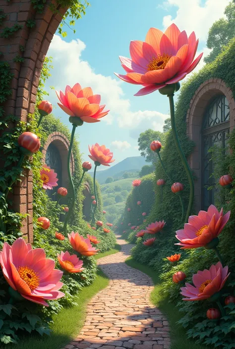 A beautiful garden with different huge flowers and also flower bell 
and bricks for walking tracks aesthetic look fantasy