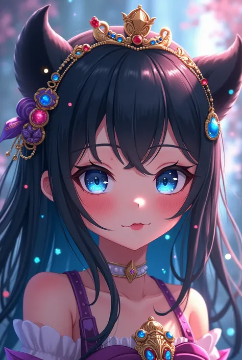 gacha girl, black hair, brown skin, blue eyes and white eyes, and accessories on her head.