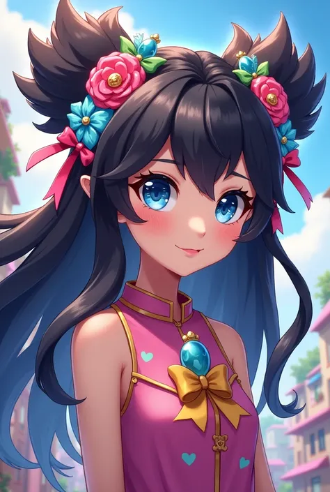 gacha girl, black hair, brown skin, blue eyes and white , accessories on her head.