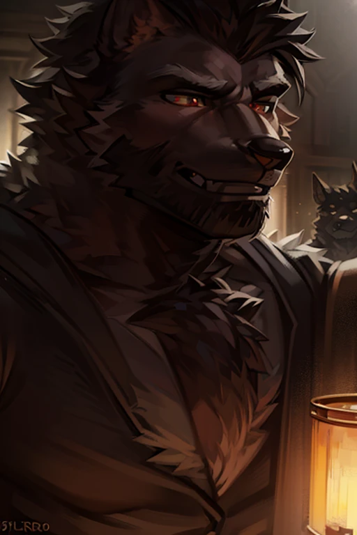 a muscular, burly werewolf with black facial hair and chest/stomach hair, facing the viewer with a mature, canine expression, (best quality, 4k, 8k, highres, masterpiece:1.2), ultra-detailed, (realistic, photorealistic, photo-realistic:1.37), detailed faci...