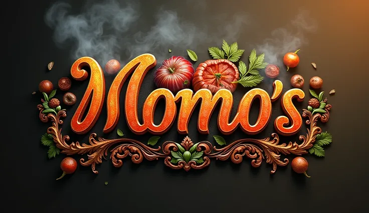 a detailed photorealistic logo of "Momos Kitchen", pakistani style cuisine, female style, high quality 8k, food-themed, detailed calligraphy styled text, warm color palette, appetizing ingredients, steam or smoke effects, intricate patterns, detailed pakis...