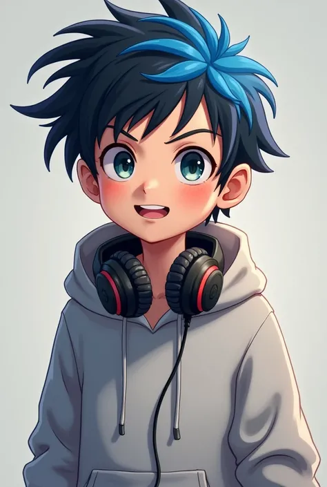 a boy with a blue streak of hair and a headset around his neck wearing a sweatshirt

