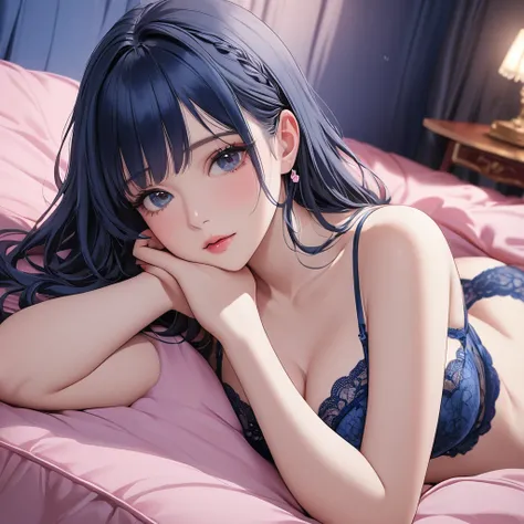 one girl,She looks at the front while raising She is lying on her stomach with both hands resting on her cheeks,Produces a beautiful luster in the clease of the chest,dark blue lace underwear, shes lying on a pink futon,masterpiece,best quality,ultra-detai...