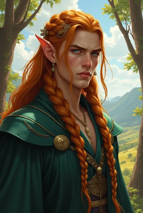 high elf, masculine, long braided hair with ornaments, copper color with a golden blonde streak, freckles on the face, ear ornaments, silver eyes