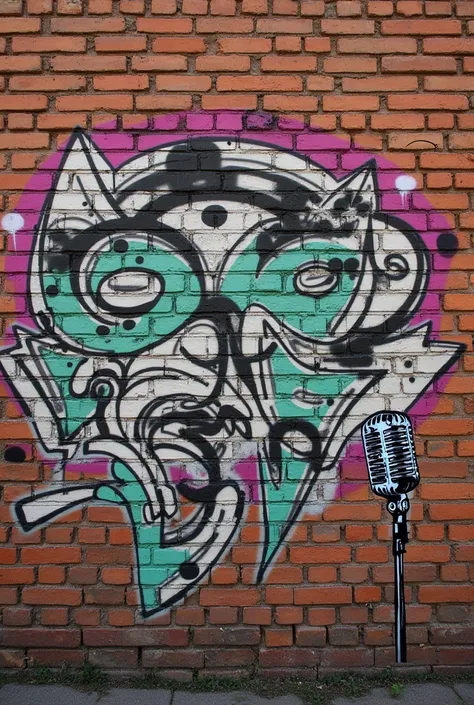 Make a vertical image of a brick wall with graffiti and a drawing of a microphone in the lower right corner




