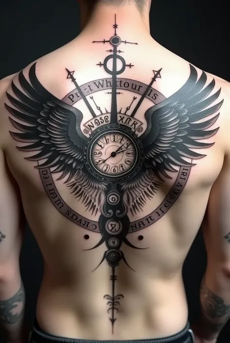 4-Wing tatoo with clock and rune words for man