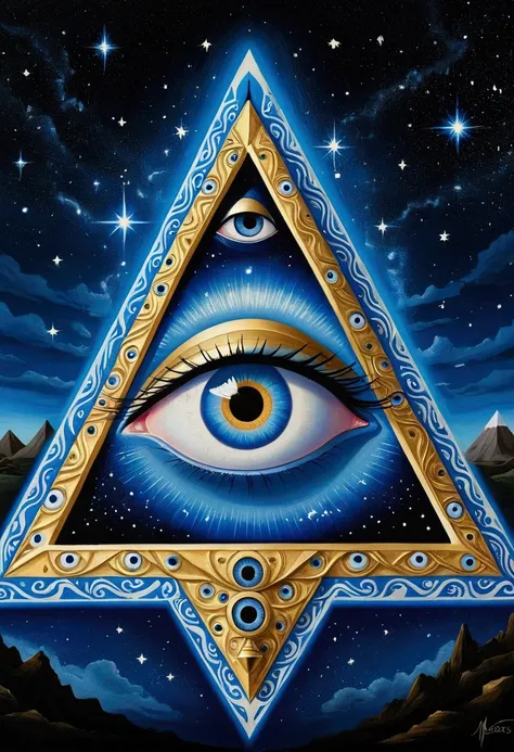 a painting depicting a golden triangle、drawing of blue eyes and stars, surrealism by cedric salt (keos masons), tumblr, psychede...