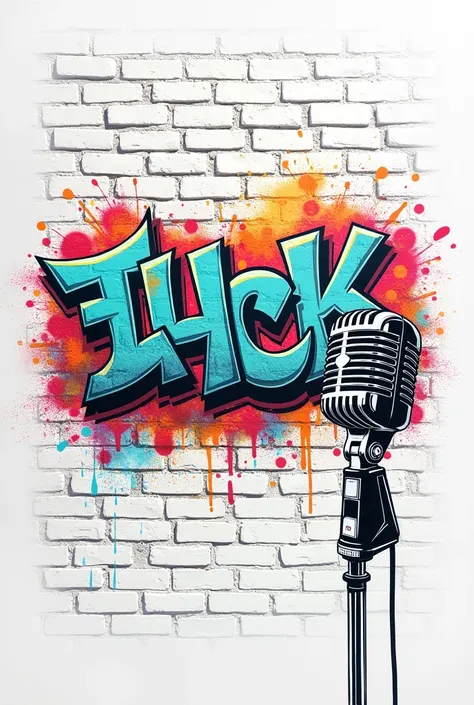 Make a vertical image of a white brick wall with graffiti and a drawing of a microphone in the lower right corner




