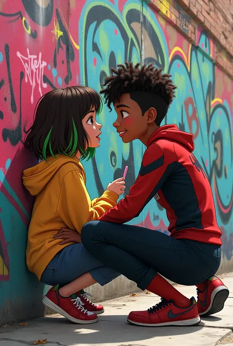 a young white girl, Brown hair with green highlights with overside style with miles morales, that they are best friends, They are graffitiing 