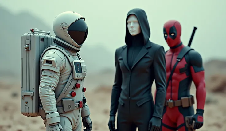 1 space suit guy, 1 guy with no face just a white face with no facial things or eyes wearing black suit, and a guy wearing Deadpool suit