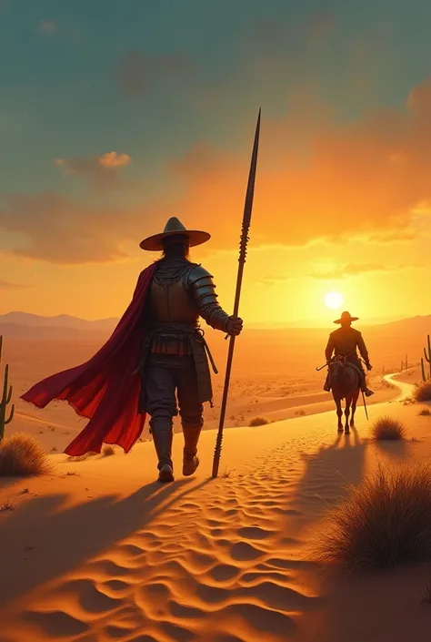 Imagine Don Quixote walking slowly through a vast desert. He wears his classic rusty armor, and in one hand he holds a long spear. at your side, His faithful companion Sancho Panza walks on foot, holding the reins of a donkey. the landscape is arid and des...