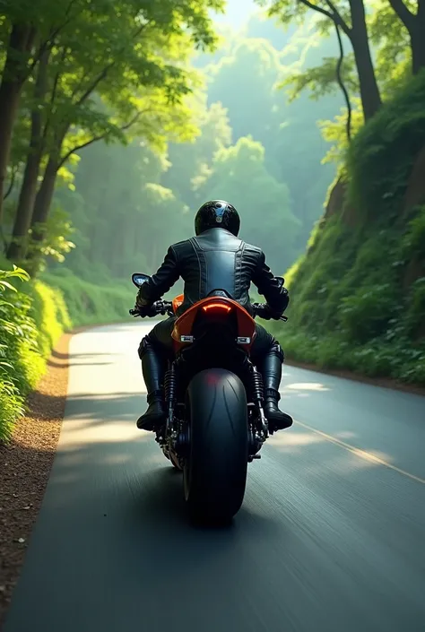 motorcyclist riding a motorcycle seen from behind, greenery background.