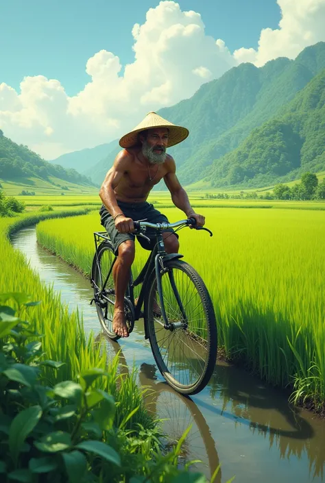 Farmer cycling near the paddy field