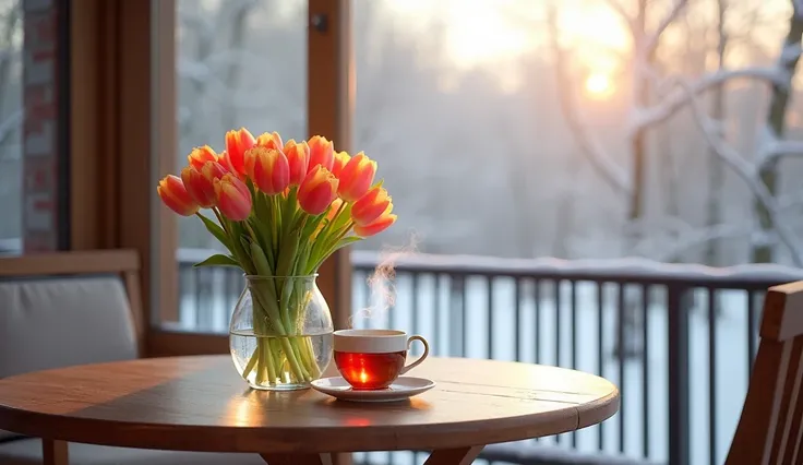 Refresh your winter routine with a touch of elegance. A bunch of tulips on the table and a warm cup of tea create a luxurious and calming experience on your veranda.