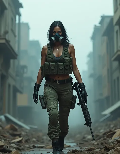 (Photorealism:1.2), sexy armed woman, A female soldier wearing a gas mask patrols a fog-filled ruin.