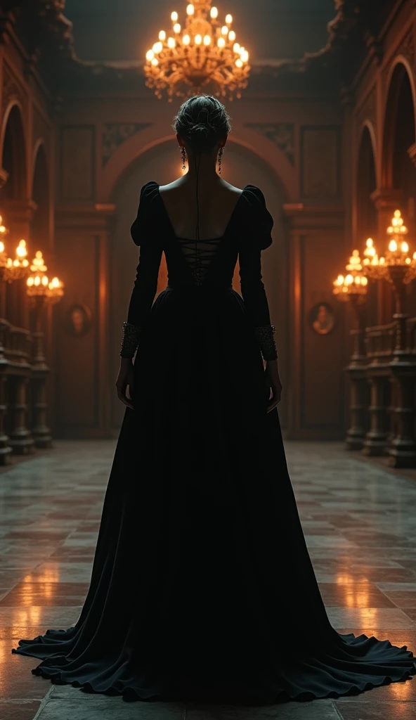 Close-up shot, Low angle shot, (A final, cinematic image of Elizabeth Báthory standing alone in her grand castle’s throne room. The room is dimly lit, with long shadows cast by the flickering torches. Her face is half in shadow, half in light, symbolizing ...