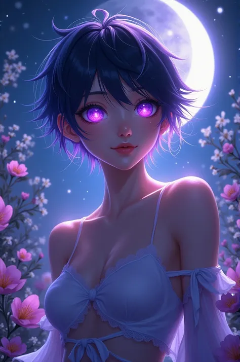 realistic, 1men, black hair, purple eyes, glowing eyes, crop top, skirt, parted lips, blush, night, flowers, sun, sunlight,